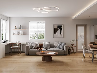 Modern Living And Dining Room Interior With Sofa Coffee Table Circular Lights And Wooden Flooring 3d model