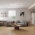 Modern Living And Dining Room Interior With Sofa Coffee Table Circular Lights And Wooden Flooring