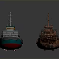 Modern And Rusty Tugboats With Green Hull And Rusted Deck Structures
