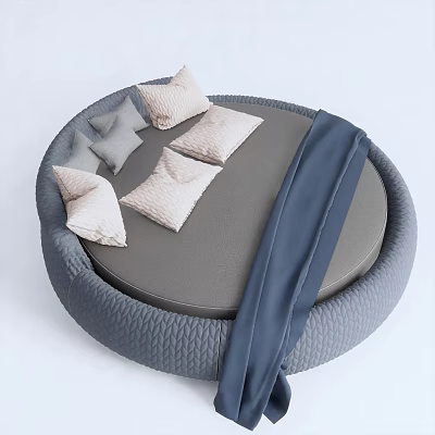 Modern Round Bed Interior With Gray Mattress Linen Pillows And Blue Throw Blanket 3d model