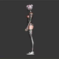 Humanoid Creature Character with Pink Hair Mask and Black Red Decorative Combat Outfit