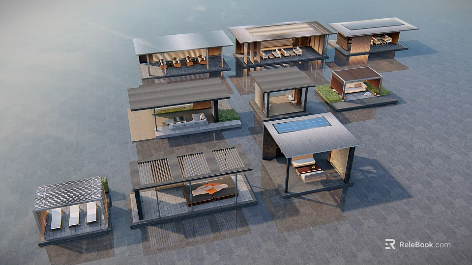 Modern Waterfront Cabins Design With Multiple Units Open Terraces And Flat Roofs 3d model
