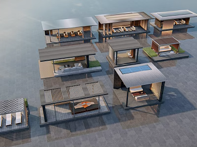 Modern Waterfront Cabins Design With Multiple Units Open Terraces And Flat Roofs 3d model