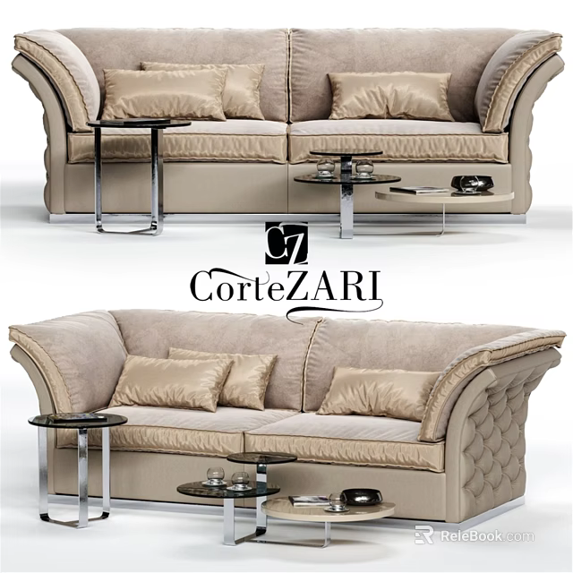 Elegant Beige Two Seater Sofa With Tufted Details And Metal Side Tables 3d model 