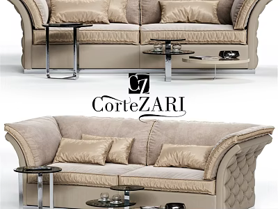 Elegant Beige Two Seater Sofa With Tufted Details And Metal Side Tables 3d model