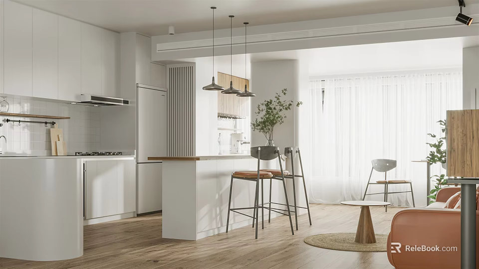 Modern Open Kitchen Dining Area With White Cabinets Island Counter Pendant Lights And Wooden Flooring 3d model 