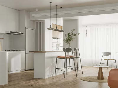 Modern Open Kitchen Dining Area With White Cabinets Island Counter Pendant Lights And Wooden Flooring 3d model