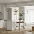 Modern Open Kitchen Dining Area With White Cabinets Island Counter Pendant Lights And Wooden Flooring