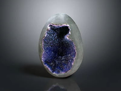 Egg Shaped Gray Geode With Purple Blue Crystal Cluster Interior On Dark Background 3d model