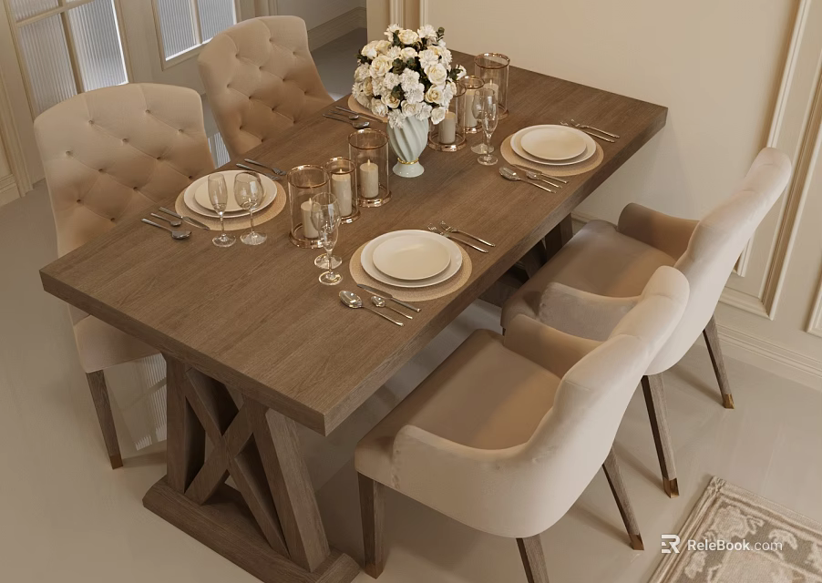 Modern Wooden Dining Table and Beige Upholstered Chairs With Flower Vase Dinnerware and Glasses 3d model 