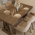 Modern Wooden Dining Table and Beige Upholstered Chairs With Flower Vase Dinnerware and Glasses