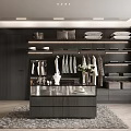 Modern Dark Toned Walk In Closet With Wardrobe And Flowers