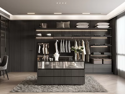 Modern Dark Toned Walk In Closet With Wardrobe And Flowers 3d model