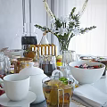Delicious Breakfast Spread On Table With Bread Fruit Bowls Teapot Coffee Cups And Pancakes