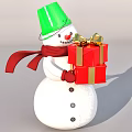 Snowman Sculpture With Green Bucket Hat Red Scarf And Red Gift Boxes With Gold Bow