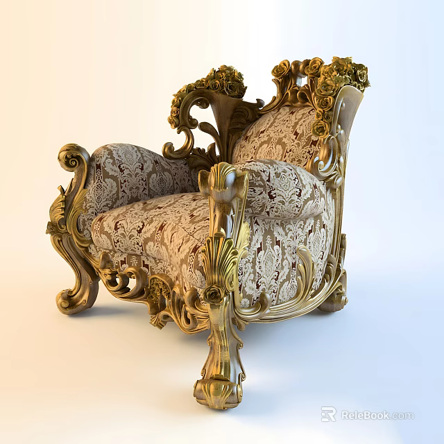 Ornate Leisure Chair With Gold Carved Accents And Floral Pattern Fabric 3d model 