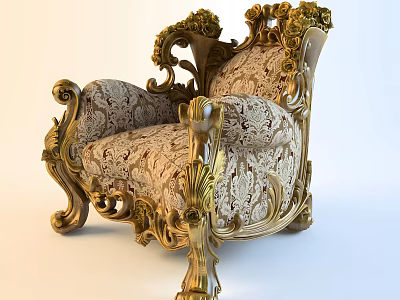Ornate Leisure Chair With Gold Carved Accents And Floral Pattern Fabric 3d model