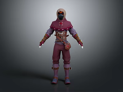 Hooded Game Character in Maroon Outfit With Arm Guards Belt Pouch Standing Pose 3d model