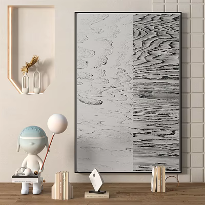 Modern Black and White Abstract Painting With Textured Pattern And Decorative Figurine In Interior Space 3d model