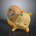 Cartoon Snail with Yellow Body Decorative Flowers on Shell Smiling Face and Closed Eyes