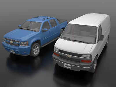 Blue Chevrolet Pickup Truck And White Van Displayed Side By Side 3d model