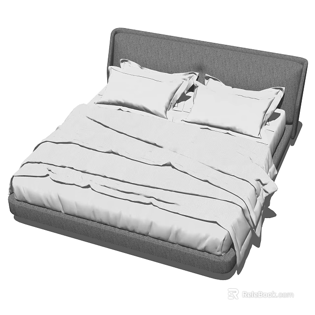Double Bed With Gray Headboard And White Bed Sheets In Minimalist Design 3d model