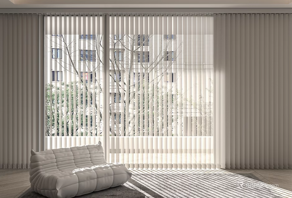 Modern Interior With White Blinds On Large Windows Letting Sunlight Through 3d model