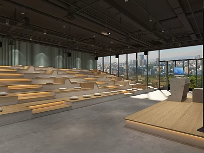 Modern School Tiered Lecture Hall with Wooden Seats and City View Windows 3d model