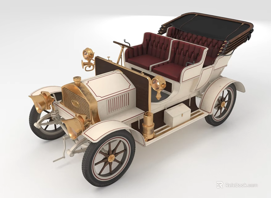 Vintage Convertible Car with White Gold Body Red Seats and Brass Details Black Wheels 3d model 