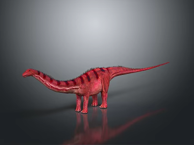 Red Dinosaur With Long Neck Tail And Black Stripes Standing On Grey Background With Reflection 3d model