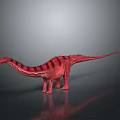Red Dinosaur With Long Neck Tail And Black Stripes Standing On Grey Background With Reflection