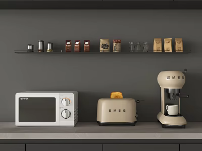 Smeg Kitchen Appliances Microwave Toaster Coffee Machine On Counter With Shelf Jars And Coffee Bags 3d model
