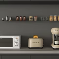 Smeg Kitchen Appliances Microwave Toaster Coffee Machine On Counter With Shelf Jars And Coffee Bags