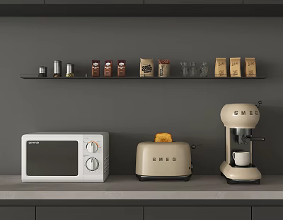 Smeg Kitchen Appliances Microwave Toaster Coffee Machine On Counter With Shelf Jars And Coffee Bags 3d model