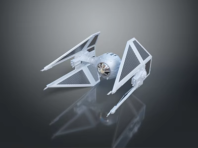 Silver TIE Fighter Model With Triangular Wings And Spherical Cockpit On Reflective Surface 3d model