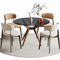 Modern Round Dining Table Set with Beige Chairs Vase Branches Red Decor on Neutral Rug