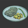 Juicy Grilled Steak with Golden Roasted Potatoes and Fresh Asparagus on Blue Plate