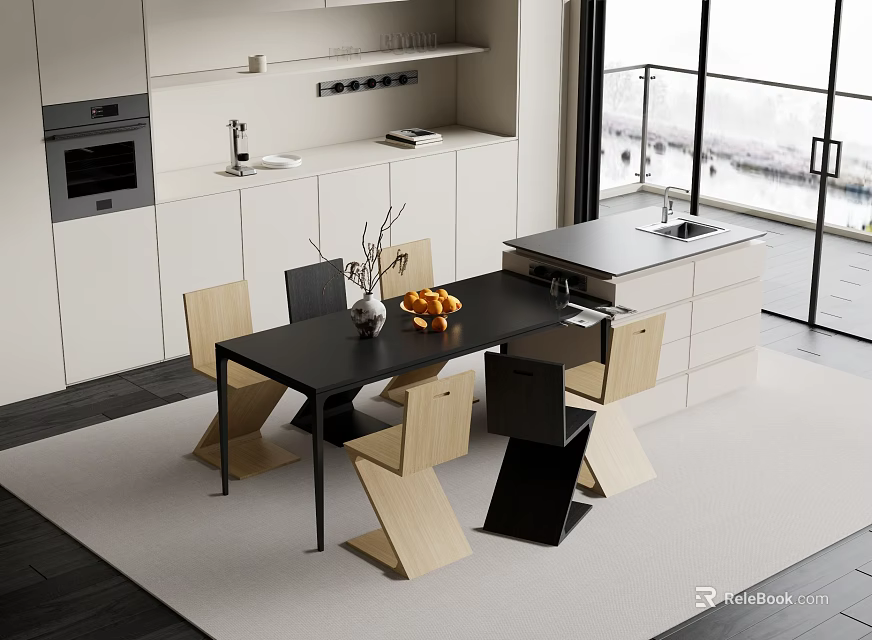 Sleek Modern Bar Counter In Kitchen Interior With Black Top White Cabinets And Wooden Chairs 3d model 