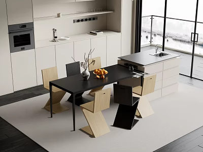 Sleek Modern Bar Counter In Kitchen Interior With Black Top White Cabinets And Wooden Chairs 3d model