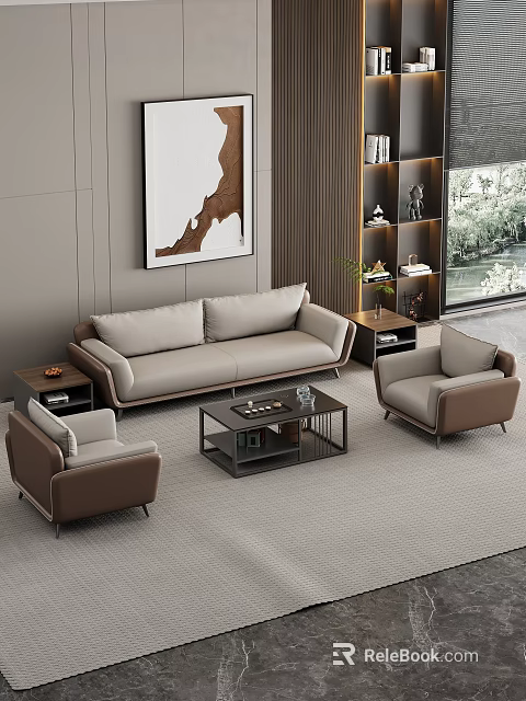 Modern Beige Sofa And Coffee Table Set With Brown Armchairs In Living Room Interior 3d model 