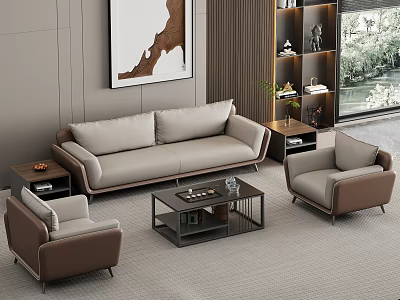 Modern Beige Sofa And Coffee Table Set With Brown Armchairs In Living Room Interior 3d model