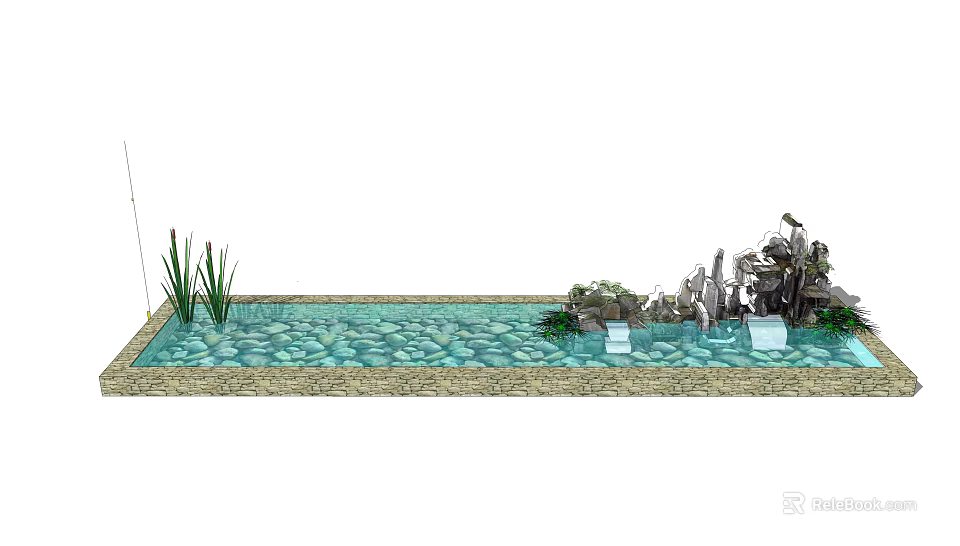 Serene Garden Ornament Water Pond Design With Pebbles Aquatic Plants And Decorative Stones 3d model 