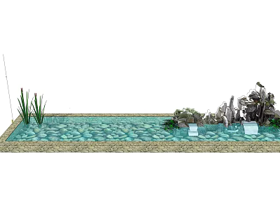 Serene Garden Ornament Water Pond Design With Pebbles Aquatic Plants And Decorative Stones 3d model