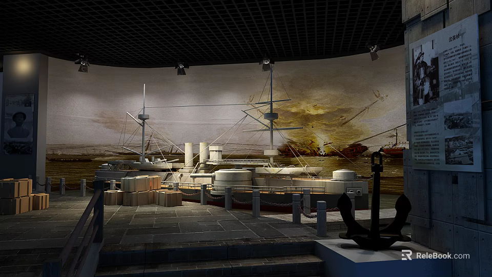Cultural Center Exhibition Featuring Warship Model Mural Anchor And Stone Steps 3d model 