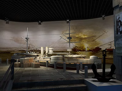 Cultural Center Exhibition Featuring Warship Model Mural Anchor And Stone Steps 3d model