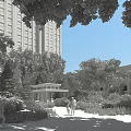 Tranquil Residential Landscape With Tall Buildings Trees Flowers Gazebo Pathway And People Walking