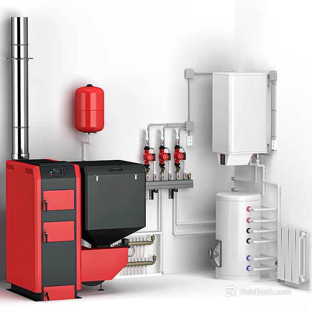 Red Black Heating Equipment With Red Expansion Tank Pipes Valves White Storage Tank And Radiator 3d model 