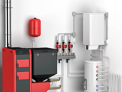 Red Black Heating Equipment With Red Expansion Tank Pipes Valves White Storage Tank And Radiator 3d model