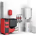 Red Black Heating Equipment With Red Expansion Tank Pipes Valves White Storage Tank And Radiator