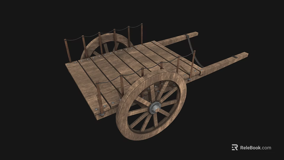 Traditional Wooden Cart With Spoked Wheels Plank Floor And Side Railings 3d model 